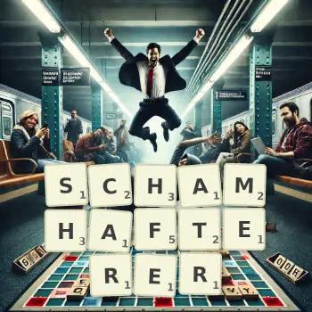 Kreative Illustration für ein Scrabble-Spiel, bei dem das Wort SCHAMHAFTERER mit Steinen auf dem Brett gelegt wurde.