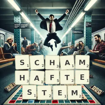 Kreative Illustration für ein Scrabble-Spiel, bei dem das Wort SCHAMHAFTESTEM mit Steinen auf dem Brett gelegt wurde.