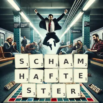 Kreative Illustration für ein Scrabble-Spiel, bei dem das Wort SCHAMHAFTESTER mit Steinen auf dem Brett gelegt wurde.
