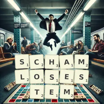 Kreative Illustration für ein Scrabble-Spiel, bei dem das Wort SCHAMLOSESTEM mit Steinen auf dem Brett gelegt wurde.