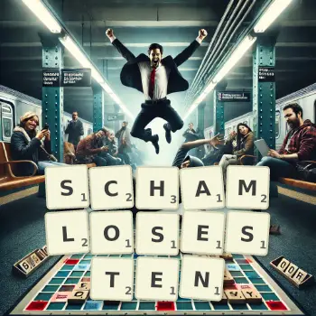 Kreative Illustration für ein Scrabble-Spiel, bei dem das Wort SCHAMLOSESTEN mit Steinen auf dem Brett gelegt wurde.