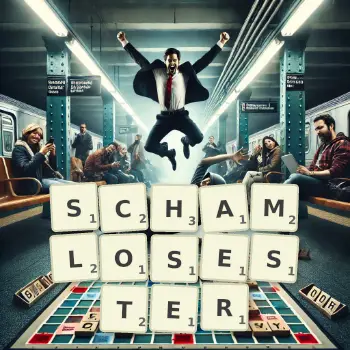 Kreative Illustration für ein Scrabble-Spiel, bei dem das Wort SCHAMLOSESTER mit Steinen auf dem Brett gelegt wurde.