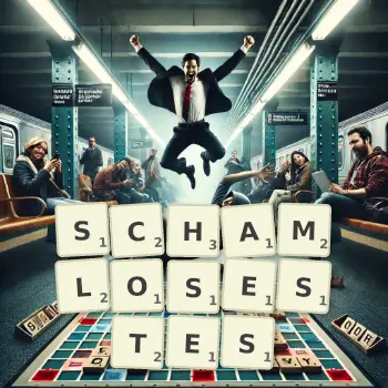 Kreative Illustration für ein Scrabble-Spiel, bei dem das Wort SCHAMLOSESTES mit Steinen auf dem Brett gelegt wurde.