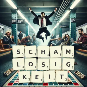 Kreative Illustration für ein Scrabble-Spiel, bei dem das Wort SCHAMLOSIGKEIT mit Steinen auf dem Brett gelegt wurde.