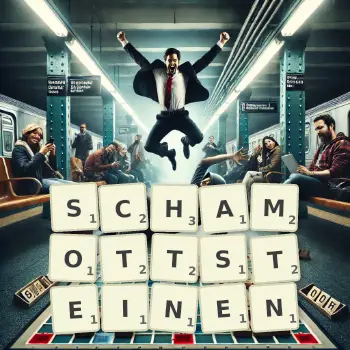 Kreative Illustration für ein Scrabble-Spiel, bei dem das Wort SCHAMOTTSTEINEN mit Steinen auf dem Brett gelegt wurde.