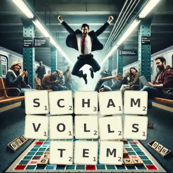 Kreative Illustration für ein Scrabble-Spiel, bei dem das Wort SCHAMVOLLSTEM mit Steinen auf dem Brett gelegt wurde.