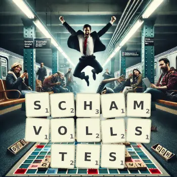 Kreative Illustration für ein Scrabble-Spiel, bei dem das Wort SCHAMVOLLSTES mit Steinen auf dem Brett gelegt wurde.