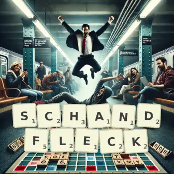 Kreative Illustration für ein Scrabble-Spiel, bei dem das Wort SCHANDFLECK mit Steinen auf dem Brett gelegt wurde.