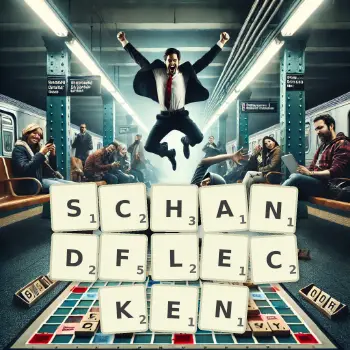 Kreative Illustration für ein Scrabble-Spiel, bei dem das Wort SCHANDFLECKEN mit Steinen auf dem Brett gelegt wurde.