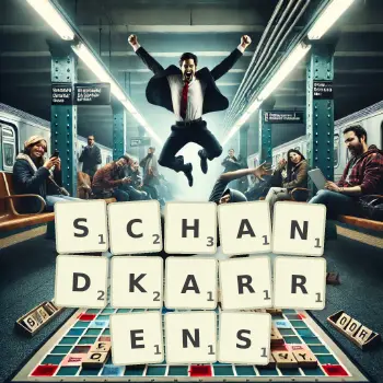 Kreative Illustration für ein Scrabble-Spiel, bei dem das Wort SCHANDKARRENS mit Steinen auf dem Brett gelegt wurde.