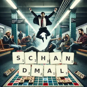 Kreative Illustration für ein Scrabble-Spiel, bei dem das Wort SCHANDMAL mit Steinen auf dem Brett gelegt wurde.