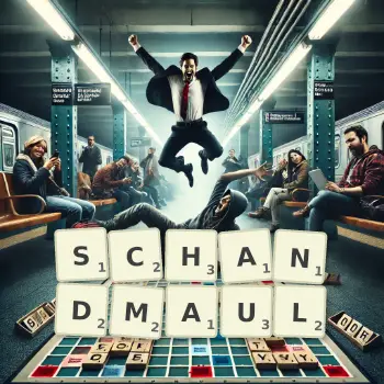 Kreative Illustration für ein Scrabble-Spiel, bei dem das Wort SCHANDMAUL mit Steinen auf dem Brett gelegt wurde.