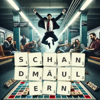 Kreative Illustration für ein Scrabble-Spiel, bei dem das Wort SCHANDMÄULERN mit Steinen auf dem Brett gelegt wurde.