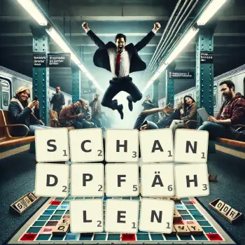 Kreative Illustration für ein Scrabble-Spiel, bei dem das Wort SCHANDPFÄHLEN mit Steinen auf dem Brett gelegt wurde.