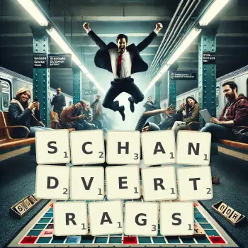 Kreative Illustration für ein Scrabble-Spiel, bei dem das Wort SCHANDVERTRAGS mit Steinen auf dem Brett gelegt wurde.