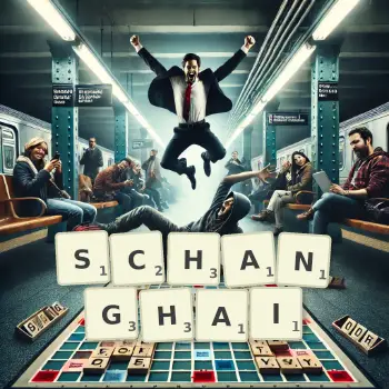 Kreative Illustration für ein Scrabble-Spiel, bei dem das Wort SCHANGHAI mit Steinen auf dem Brett gelegt wurde.