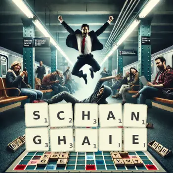 Kreative Illustration für ein Scrabble-Spiel, bei dem das Wort SCHANGHAIE mit Steinen auf dem Brett gelegt wurde.