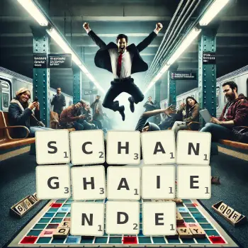 Kreative Illustration für ein Scrabble-Spiel, bei dem das Wort SCHANGHAIENDE mit Steinen auf dem Brett gelegt wurde.