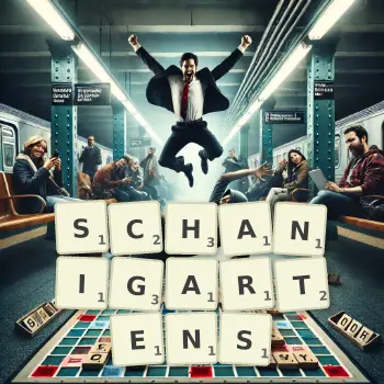 Kreative Illustration für ein Scrabble-Spiel, bei dem das Wort SCHANIGARTENS mit Steinen auf dem Brett gelegt wurde.