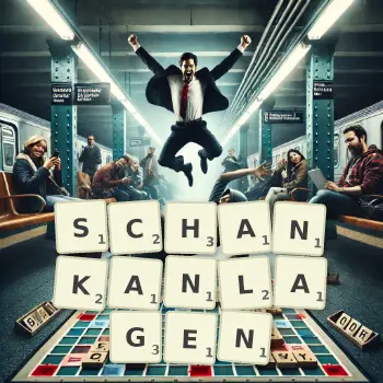 Kreative Illustration für ein Scrabble-Spiel, bei dem das Wort SCHANKANLAGEN mit Steinen auf dem Brett gelegt wurde.