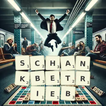 Kreative Illustration für ein Scrabble-Spiel, bei dem das Wort SCHANKBETRIEB mit Steinen auf dem Brett gelegt wurde.