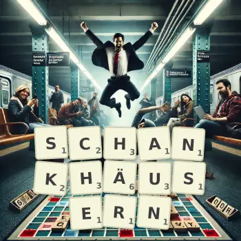 Kreative Illustration für ein Scrabble-Spiel, bei dem das Wort SCHANKHÄUSERN mit Steinen auf dem Brett gelegt wurde.