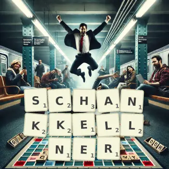 Kreative Illustration für ein Scrabble-Spiel, bei dem das Wort SCHANKKELLNER mit Steinen auf dem Brett gelegt wurde.