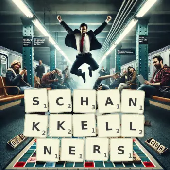 Kreative Illustration für ein Scrabble-Spiel, bei dem das Wort SCHANKKELLNERS mit Steinen auf dem Brett gelegt wurde.