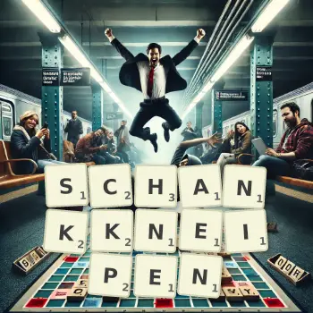 Kreative Illustration für ein Scrabble-Spiel, bei dem das Wort SCHANKKNEIPEN mit Steinen auf dem Brett gelegt wurde.