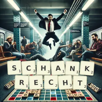 Kreative Illustration für ein Scrabble-Spiel, bei dem das Wort SCHANKRECHT mit Steinen auf dem Brett gelegt wurde.