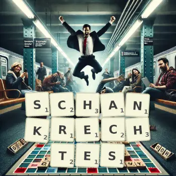 Kreative Illustration für ein Scrabble-Spiel, bei dem das Wort SCHANKRECHTES mit Steinen auf dem Brett gelegt wurde.