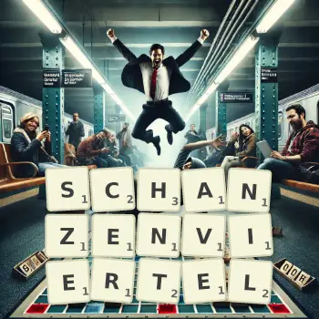 Kreative Illustration für ein Scrabble-Spiel, bei dem das Wort SCHANZENVIERTEL mit Steinen auf dem Brett gelegt wurde.