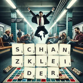 Kreative Illustration für ein Scrabble-Spiel, bei dem das Wort SCHANZKLEIDER mit Steinen auf dem Brett gelegt wurde.