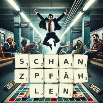 Kreative Illustration für ein Scrabble-Spiel, bei dem das Wort SCHANZPFÄHLEN mit Steinen auf dem Brett gelegt wurde.