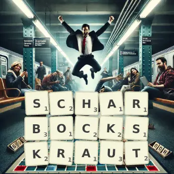 Kreative Illustration für ein Scrabble-Spiel, bei dem das Wort SCHARBOCKSKRAUT mit Steinen auf dem Brett gelegt wurde.