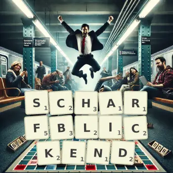 Kreative Illustration für ein Scrabble-Spiel, bei dem das Wort SCHARFBLICKEND mit Steinen auf dem Brett gelegt wurde.