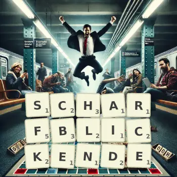 Kreative Illustration für ein Scrabble-Spiel, bei dem das Wort SCHARFBLICKENDE mit Steinen auf dem Brett gelegt wurde.