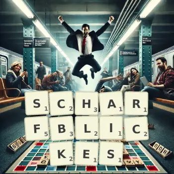 Kreative Illustration für ein Scrabble-Spiel, bei dem das Wort SCHARFBLICKES mit Steinen auf dem Brett gelegt wurde.