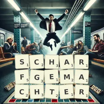 Kreative Illustration für ein Scrabble-Spiel, bei dem das Wort SCHARFGEMACHTER mit Steinen auf dem Brett gelegt wurde.