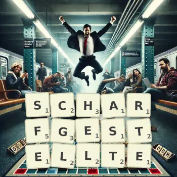 Kreative Illustration für ein Scrabble-Spiel, bei dem das Wort SCHARFGESTELLTE mit Steinen auf dem Brett gelegt wurde.