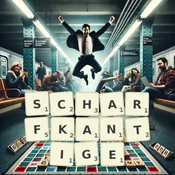 Kreative Illustration für ein Scrabble-Spiel, bei dem das Wort SCHARFKANTIGE mit Steinen auf dem Brett gelegt wurde.