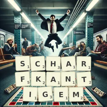 Kreative Illustration für ein Scrabble-Spiel, bei dem das Wort SCHARFKANTIGEM mit Steinen auf dem Brett gelegt wurde.