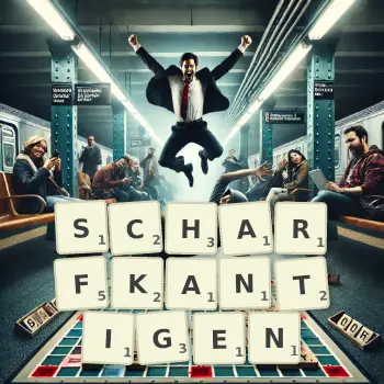 Kreative Illustration für ein Scrabble-Spiel, bei dem das Wort SCHARFKANTIGEN mit Steinen auf dem Brett gelegt wurde.