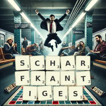 Kreative Illustration für ein Scrabble-Spiel, bei dem das Wort SCHARFKANTIGES mit Steinen auf dem Brett gelegt wurde.