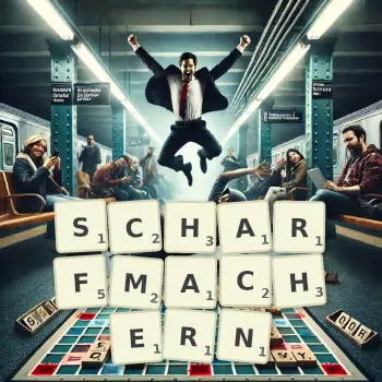 Kreative Illustration für ein Scrabble-Spiel, bei dem das Wort SCHARFMACHERN mit Steinen auf dem Brett gelegt wurde.