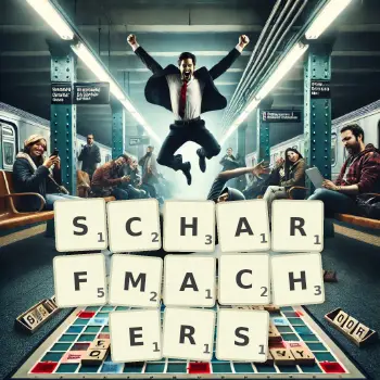 Kreative Illustration für ein Scrabble-Spiel, bei dem das Wort SCHARFMACHERS mit Steinen auf dem Brett gelegt wurde.