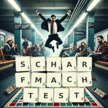 Kreative Illustration für ein Scrabble-Spiel, bei dem das Wort SCHARFMACHTEST mit Steinen auf dem Brett gelegt wurde.