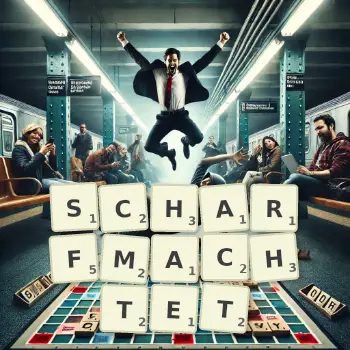 Kreative Illustration für ein Scrabble-Spiel, bei dem das Wort SCHARFMACHTET mit Steinen auf dem Brett gelegt wurde.