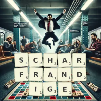 Kreative Illustration für ein Scrabble-Spiel, bei dem das Wort SCHARFRANDIGE mit Steinen auf dem Brett gelegt wurde.