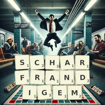 Kreative Illustration für ein Scrabble-Spiel, bei dem das Wort SCHARFRANDIGEM mit Steinen auf dem Brett gelegt wurde.